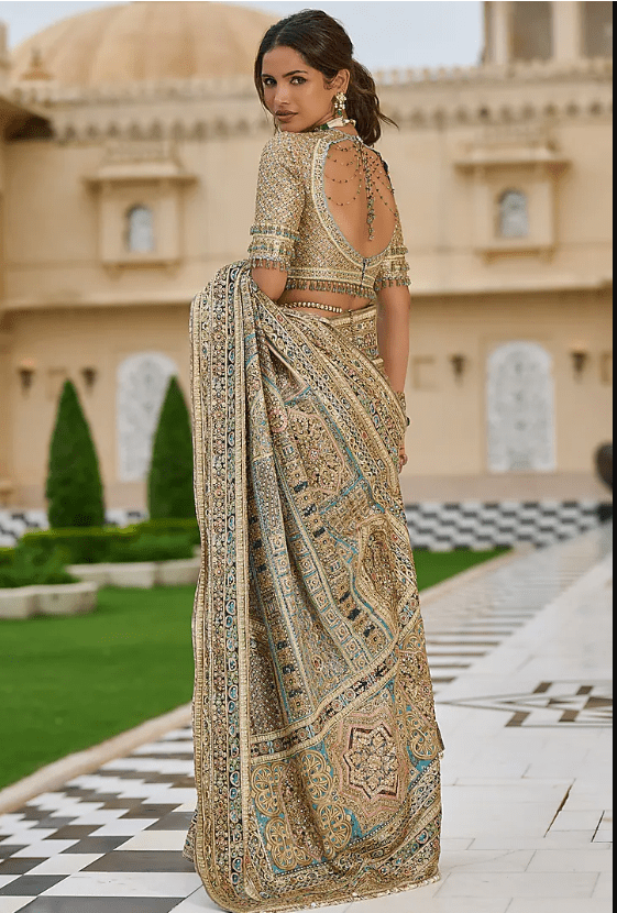 Multi-Colored Silk Dupion & Georgette Embroidered Saree Set - Image 2