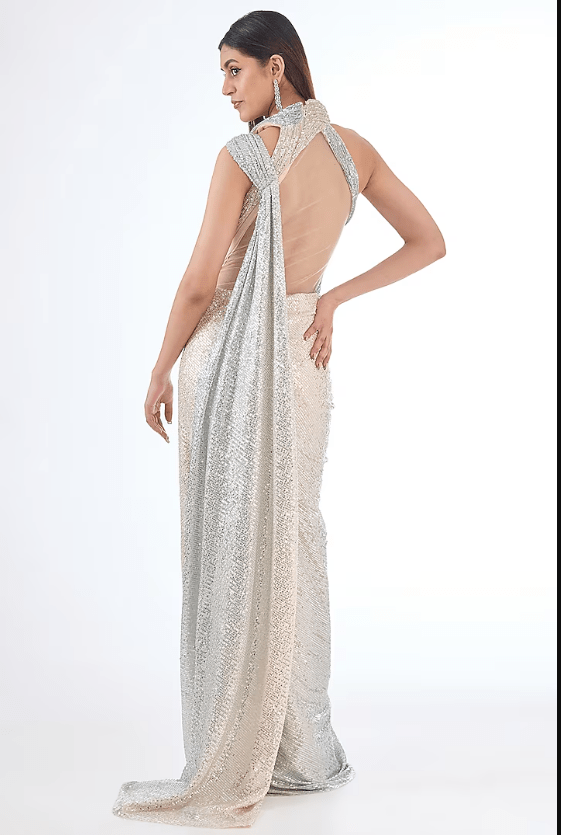Opal Blue Sequins Sculpted Gown Saree - Image 2