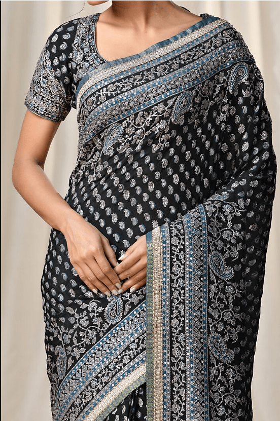 Black Embroidered Saree Set - Image 3