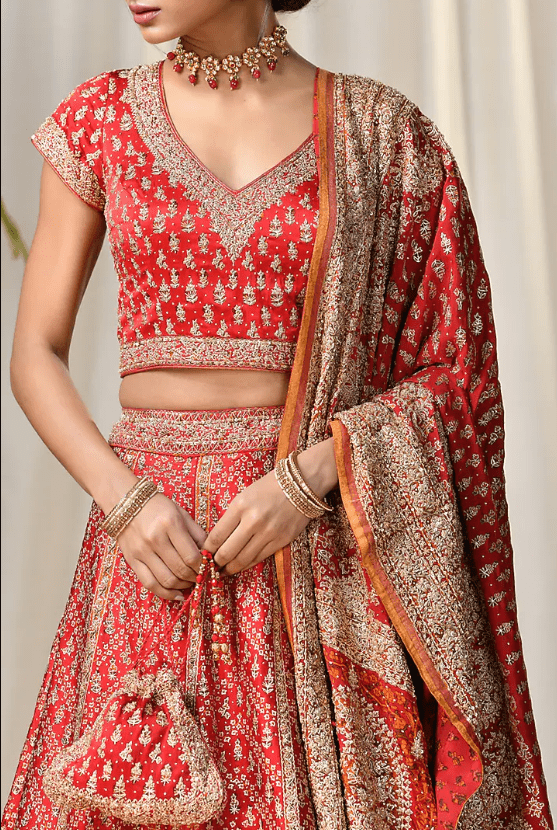 Red & Saffron Embroidered Lehenga Set - Image 3