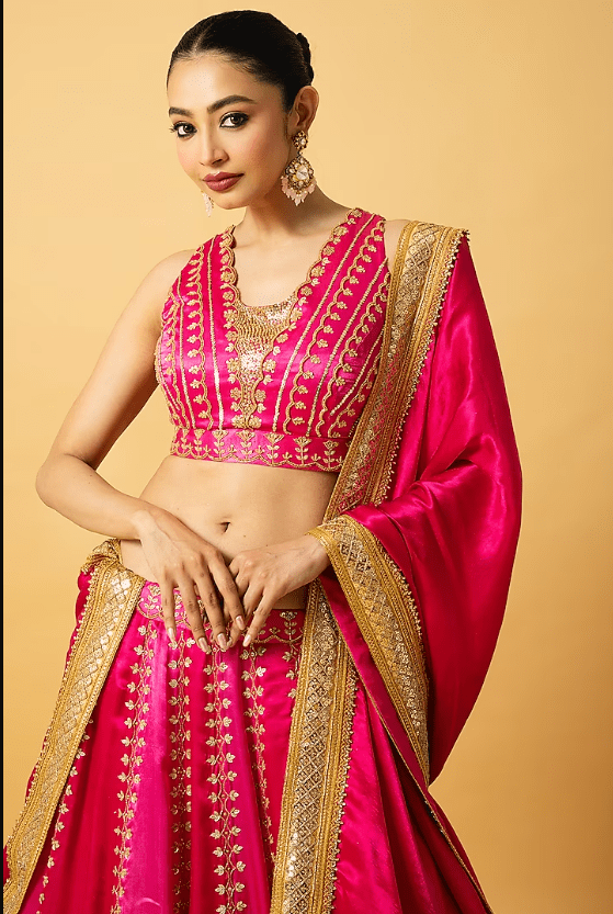 Pink Modal Satin Cutdana Hand Embroidered Lehenga Set - Image 3
