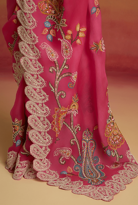 Hot Pink Silk Organza Thread Work Saree - Image 3