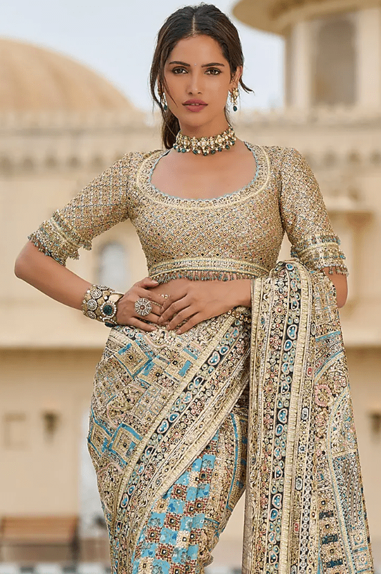 Multi-Colored Silk Dupion & Georgette Embroidered Saree Set - Image 3