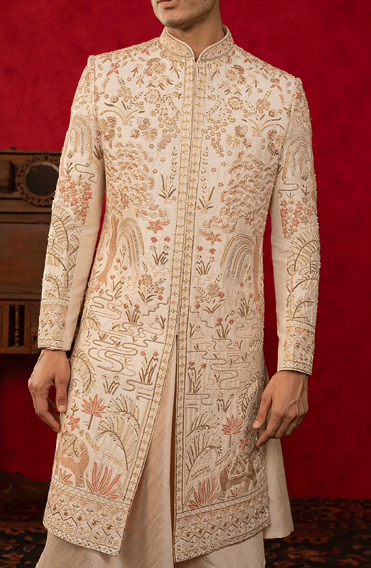 Peach Raw Silk Zardosi Embroidered Sherwani Set - Image 5