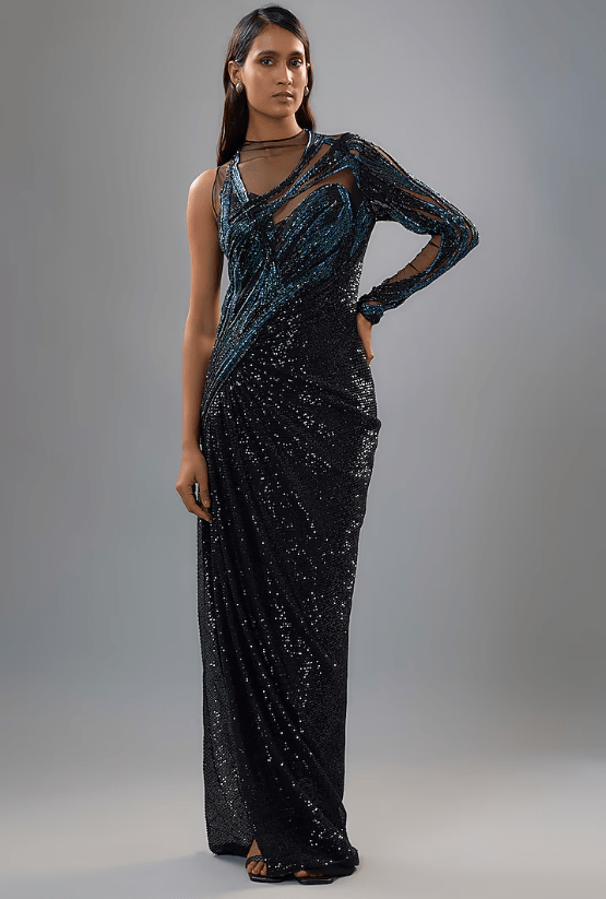 Black Sequins Bugle Bead Embroidered Gown