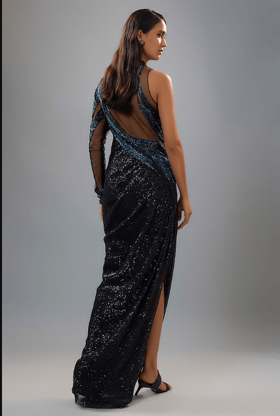 Black Sequins Bugle Bead Embroidered Gown - Image 2