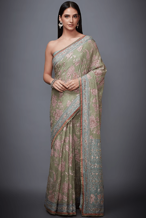 Khaki Green Embroidered Saree Set