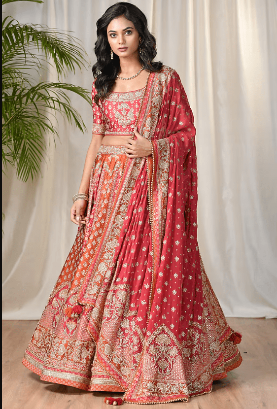 Red & Saffron Embroidered Lehenga Set
