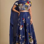 Navy Silk Soft Net Applique Embroidered Pant Set