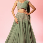 Sage Green Pure Georgette Hand Embroidered Draped Lehenga Set