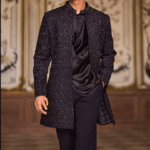 Navy Blue Suiting Bugle Beads Embroidered Sherwani Set