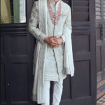 Mint Green Raw Silk Floral Dori Embroidered Sherwani Set