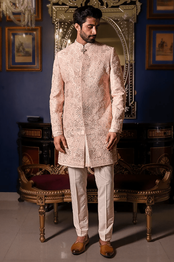 Pale Pink Raw Silk Hand Embroidered Sherwani Set