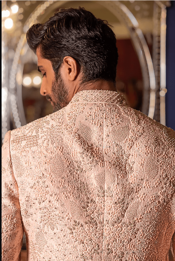 Pale Pink Raw Silk Hand Embroidered Sherwani Set - Image 2