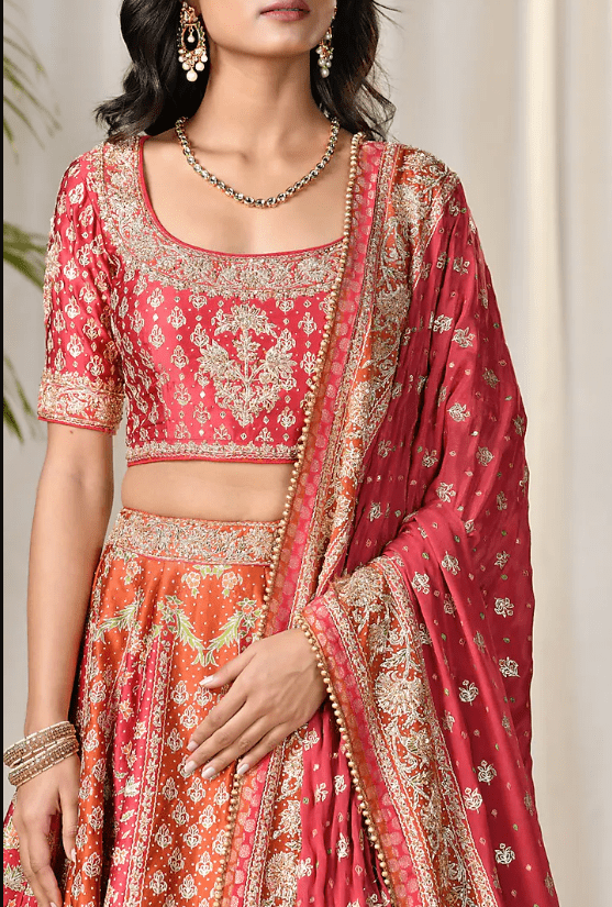 Red & Saffron Embroidered Lehenga Set - Image 3