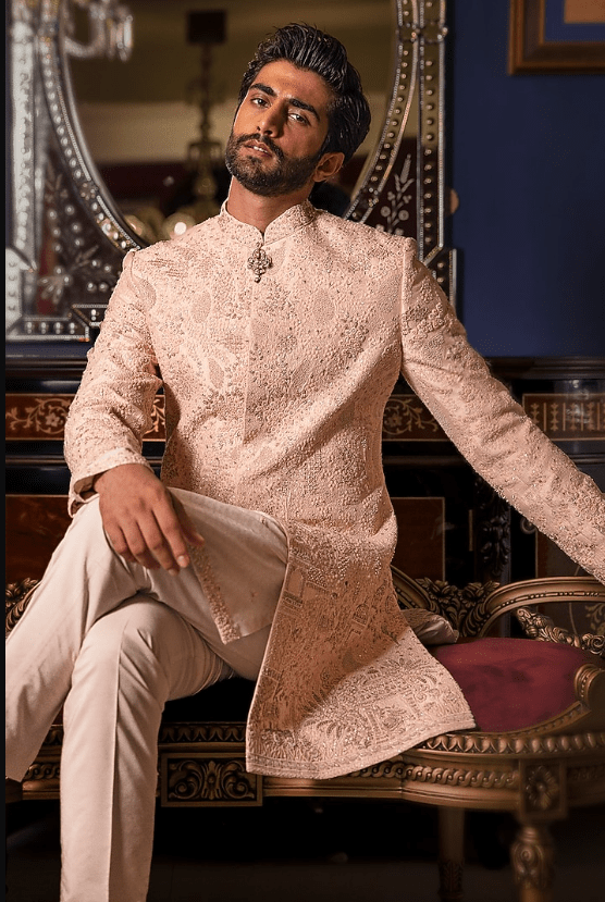 Pale Pink Raw Silk Hand Embroidered Sherwani Set - Image 4