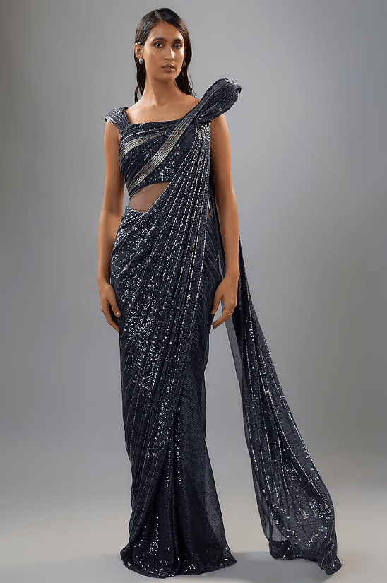 Midnight Blue Sequins Bugle Bead Embroidered Sculpted Gown Saree
