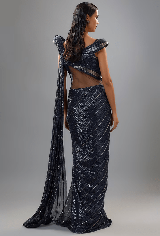 Midnight Blue Sequins Bugle Bead Embroidered Sculpted Gown Saree - Image 2