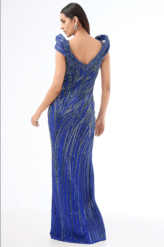 Electric Blue Crepe Bugle Bead Embroidered Gown - Image 2