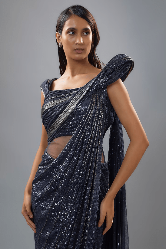 Midnight Blue Sequins Bugle Bead Embroidered Sculpted Gown Saree - Image 3