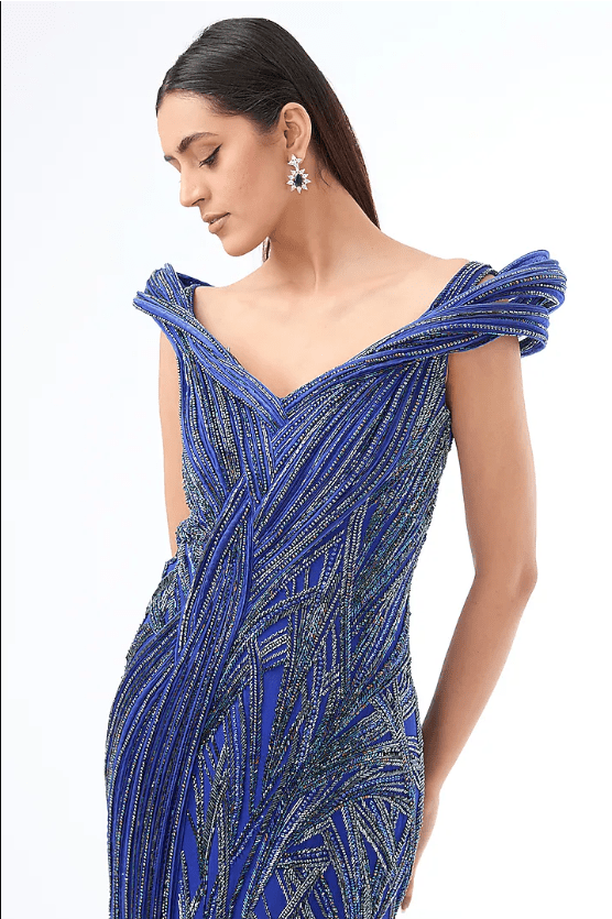 Electric Blue Crepe Bugle Bead Embroidered Gown - Image 3