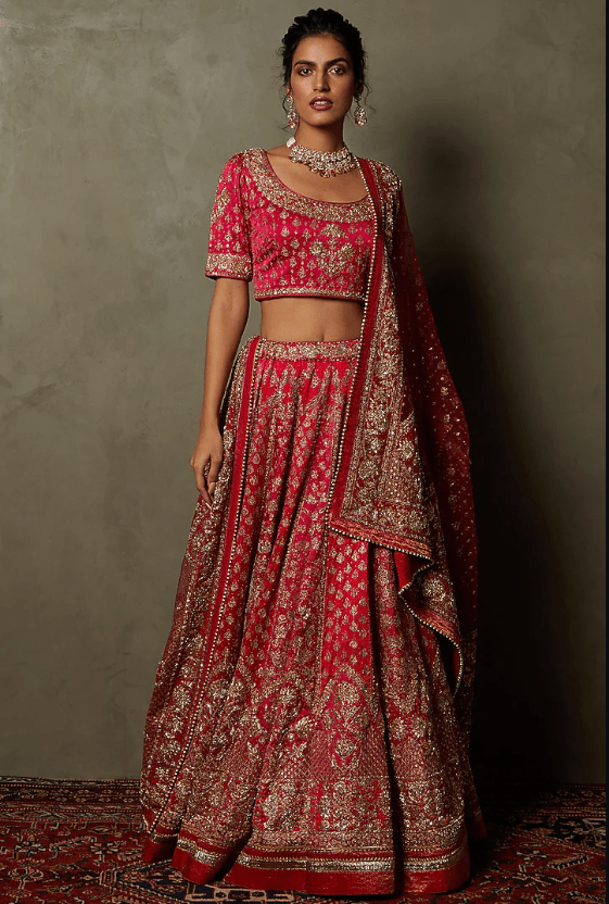 Fuchsia & Red Silk Satin Embroidered Lehenga Set