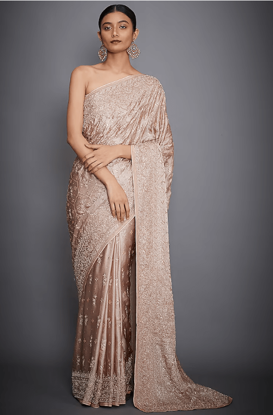 Beige Gajji Silk Floral Zardosi Embroidered Saree Set
