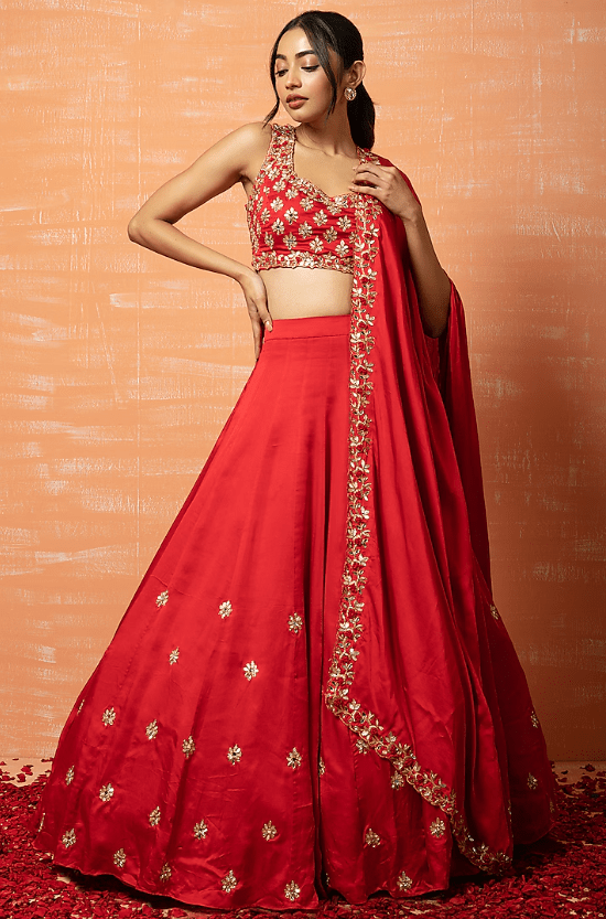 Red Embroidered Lehenga Set
