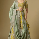 Mint & Mustard Raw Silk Embroidered Lehenga Set