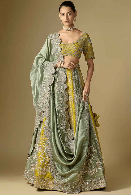 Mint & Mustard Raw Silk Embroidered Lehenga Set