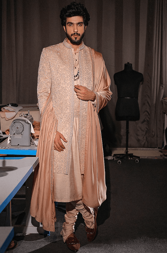 Peach Linen Silk Hand Embroidered Sherwani Set