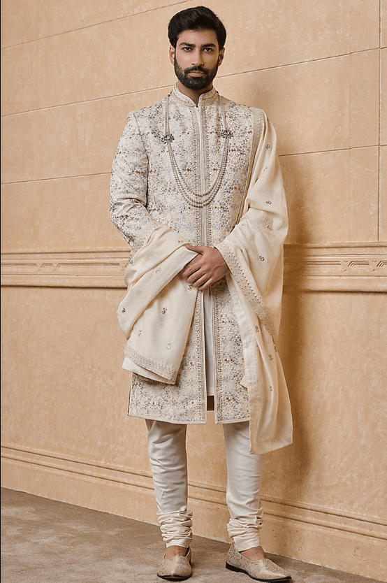 Ivory Polyester Embroidered Sherwani Set