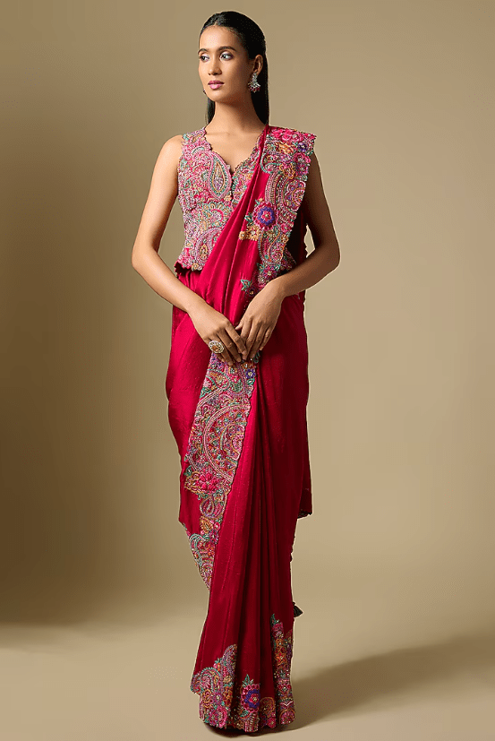 Maroon Matka Silk Floral & Paisley Saree Set
