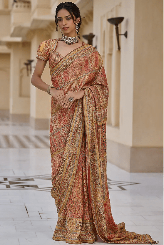 Multi-Colored Georgette Embroidered Saree Set
