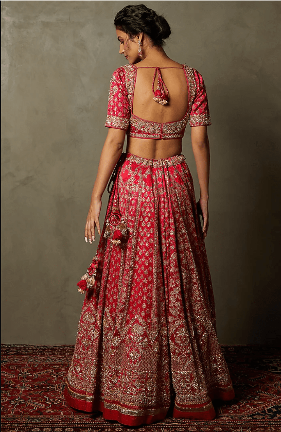 Fuchsia & Red Silk Satin Embroidered Lehenga Set - Image 2
