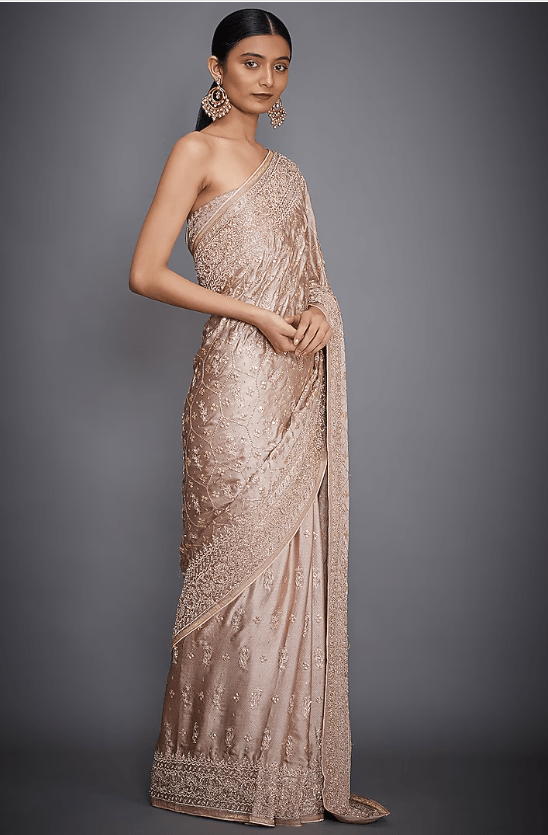Beige Gajji Silk Floral Zardosi Embroidered Saree Set - Image 2