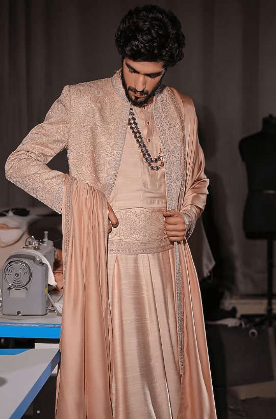 Peach Linen Silk Hand Embroidered Sherwani Set - Image 2