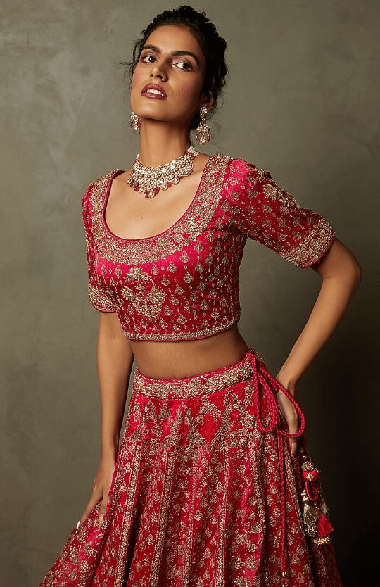 Fuchsia & Red Silk Satin Embroidered Lehenga Set - Image 3