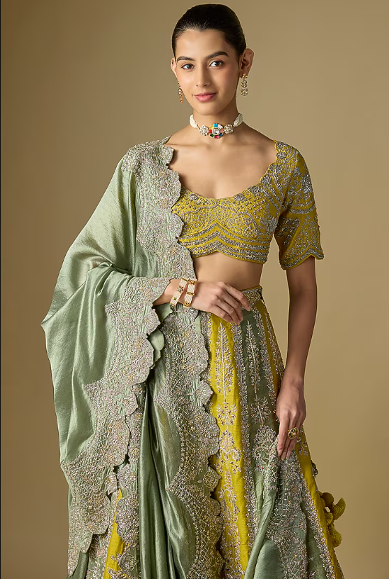 Mint & Mustard Raw Silk Embroidered Lehenga Set - Image 3