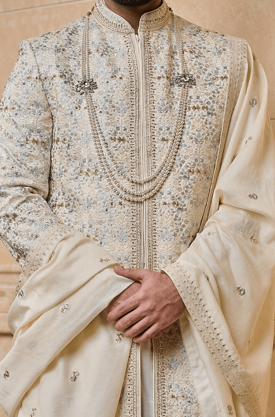 Ivory Polyester Embroidered Sherwani Set - Image 4