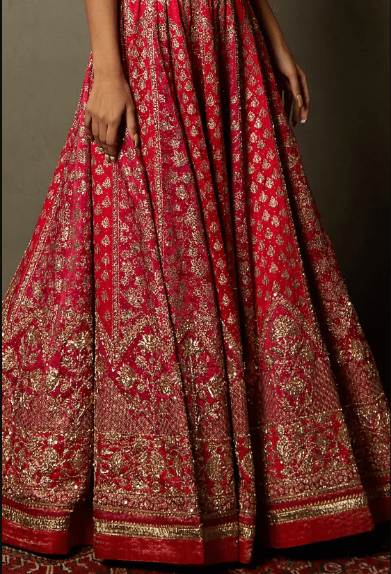 Fuchsia & Red Silk Satin Embroidered Lehenga Set - Image 4