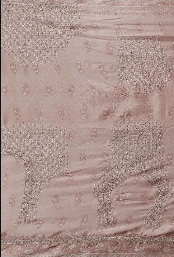 Beige Gajji Silk Floral Zardosi Embroidered Saree Set - Image 4