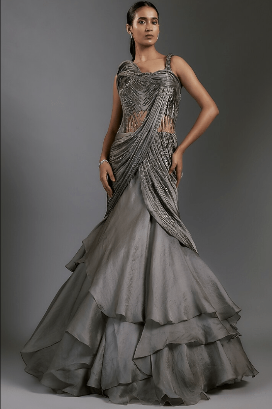 Pewter Grey Satin Bugle Beads Embroidered Gown