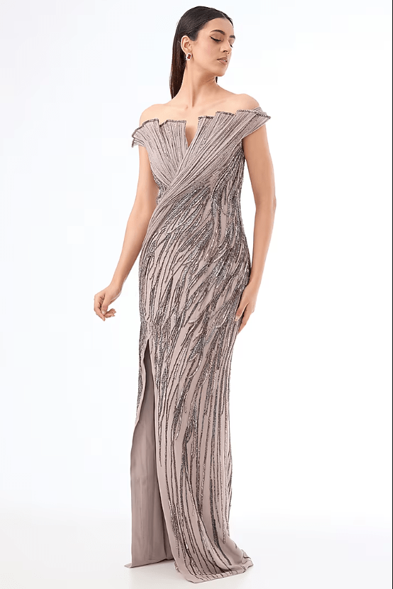 Dark Lavender Crepe Bugle Bead Embroidered Gown