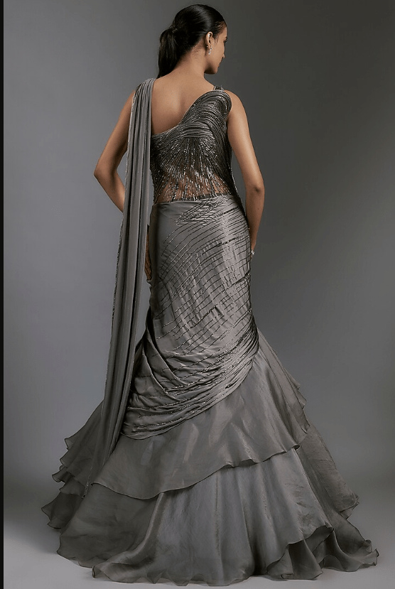 Pewter Grey Satin Bugle Beads Embroidered Gown - Image 2