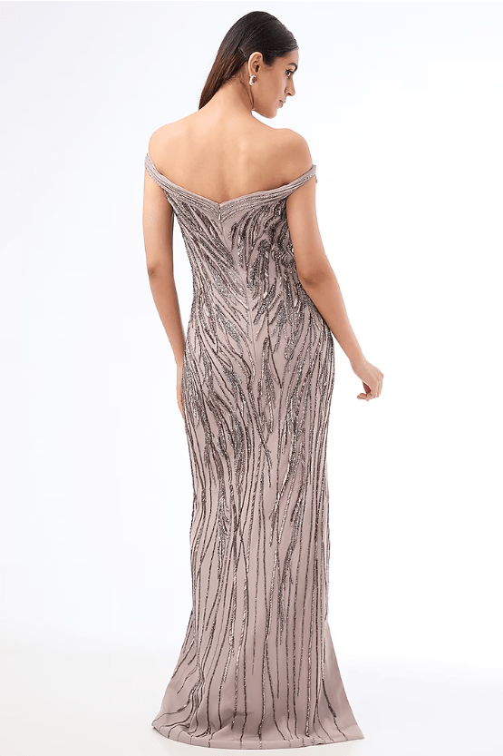 Dark Lavender Crepe Bugle Bead Embroidered Gown - Image 2