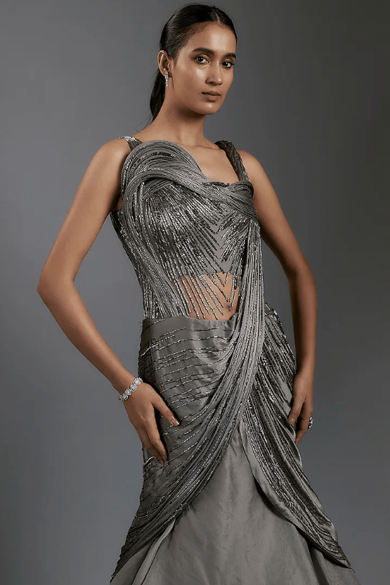 Pewter Grey Satin Bugle Beads Embroidered Gown - Image 3