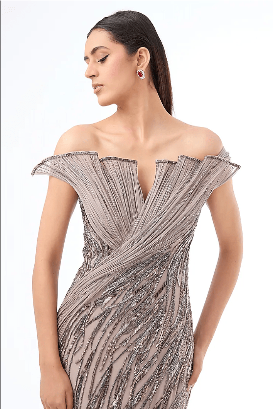 Dark Lavender Crepe Bugle Bead Embroidered Gown - Image 3