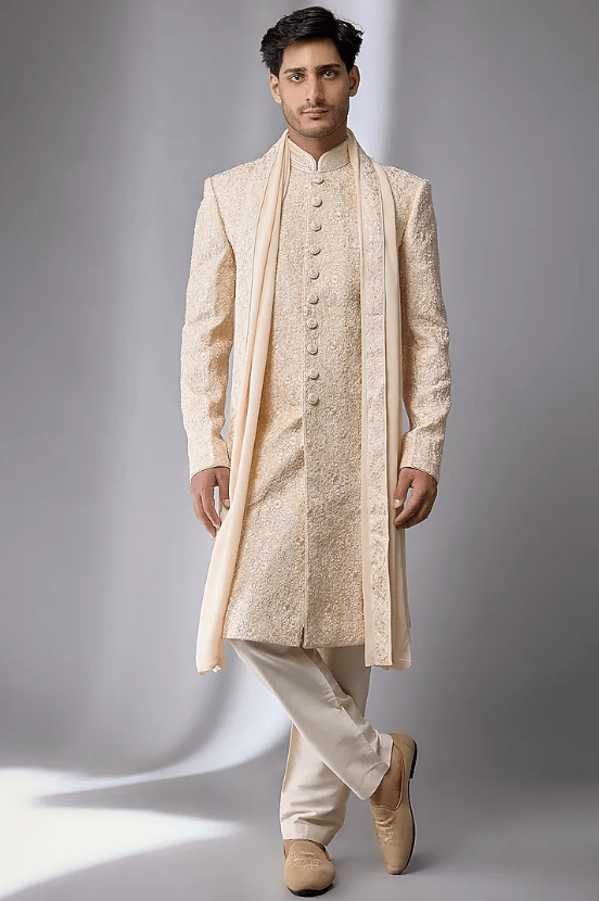 Pearl-Colored Silk Hand Embroidered Sherwani Set