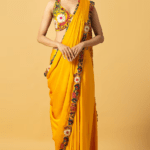 Golden Yellow Modal Satin Multi-Colored 3D Embroidered Saree Set
